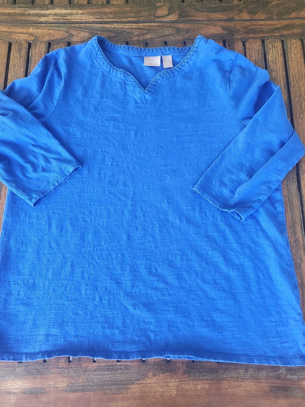 Women's Chico's Cobalt Blue 100% Cotton Casual Blouse Size 2 / Large V Neck